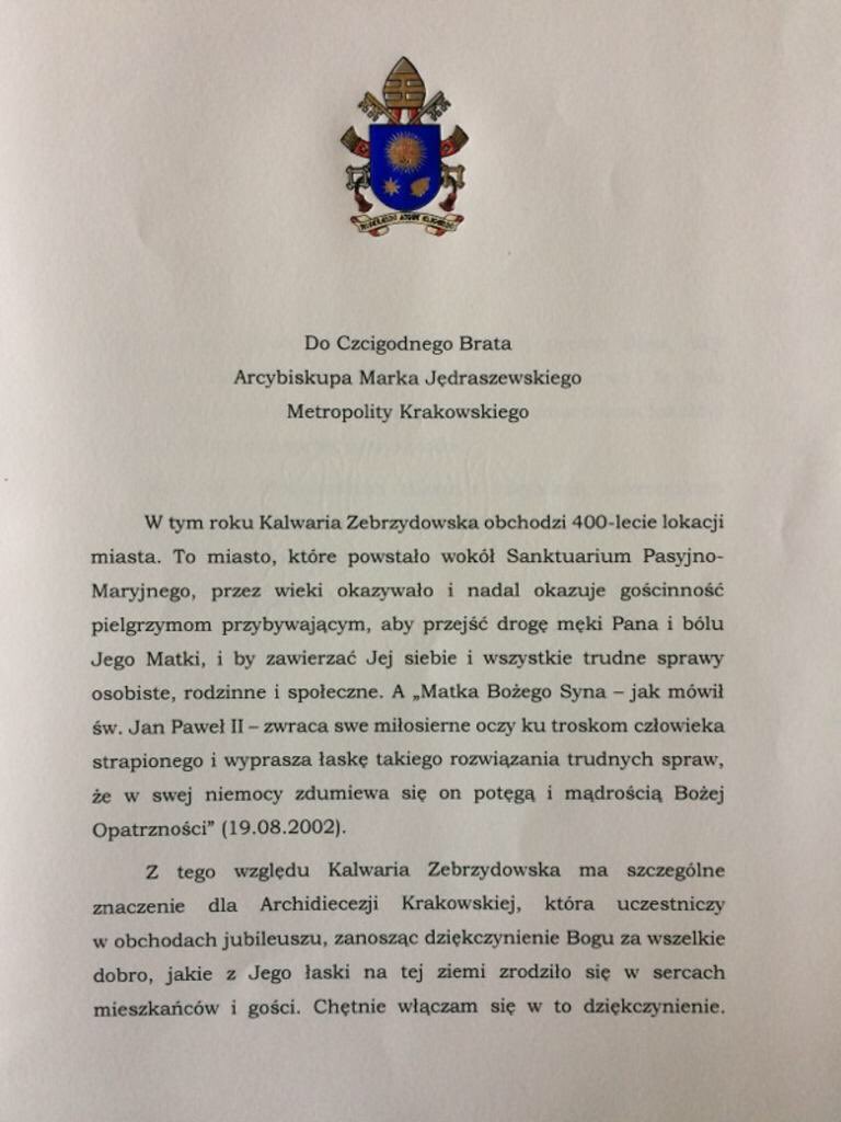 Telegram Papieża Franciszka z okazji Jubileuszu Kalwarii Zebrzydowskiej