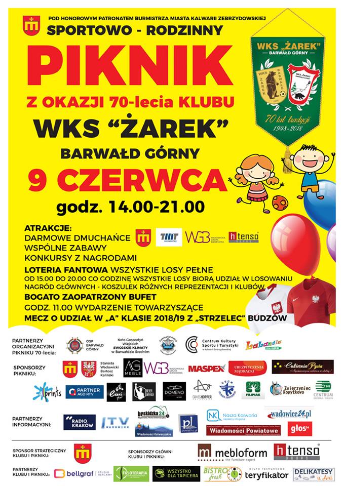 Piknik Sportowo-Rodzinny z okazji 70 lecia Klubu Sportowego WKS „Żarek” 9 czerwca 2018 r.